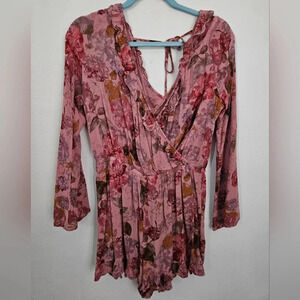 Mossimo Supply Co Floral Ruffle V‎ Neck Tie Back Romper Pink Multi M
